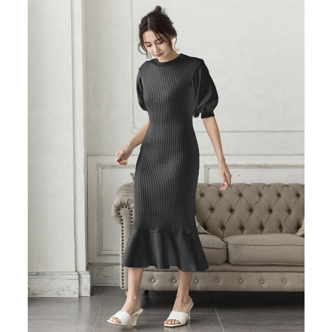 ジュリアブティック JULIA BOUTIQUE ロング丈・バルーン五分袖マーメイドニットワンピース/22000 （Black） ブラック