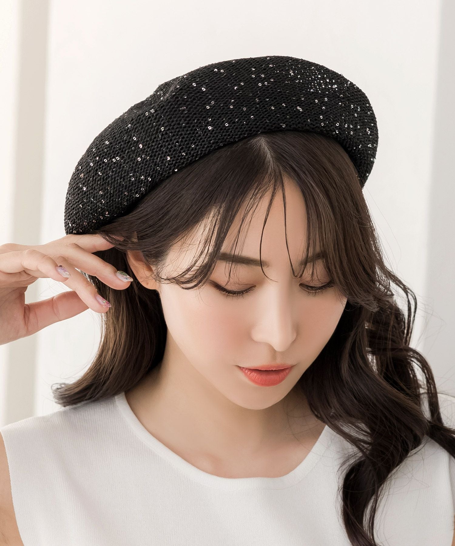 ジュリアブティック JULIA BOUTIQUE スパングルサマーベレー帽[24111] ベレー帽 サマーハット 帽子 レディース 夏 フリーサイズ 53cm 浅め サイズ調整 スパンコール 無地 可愛い きれいめ 大人 カジュアル 韓国 黒 白,ブラック