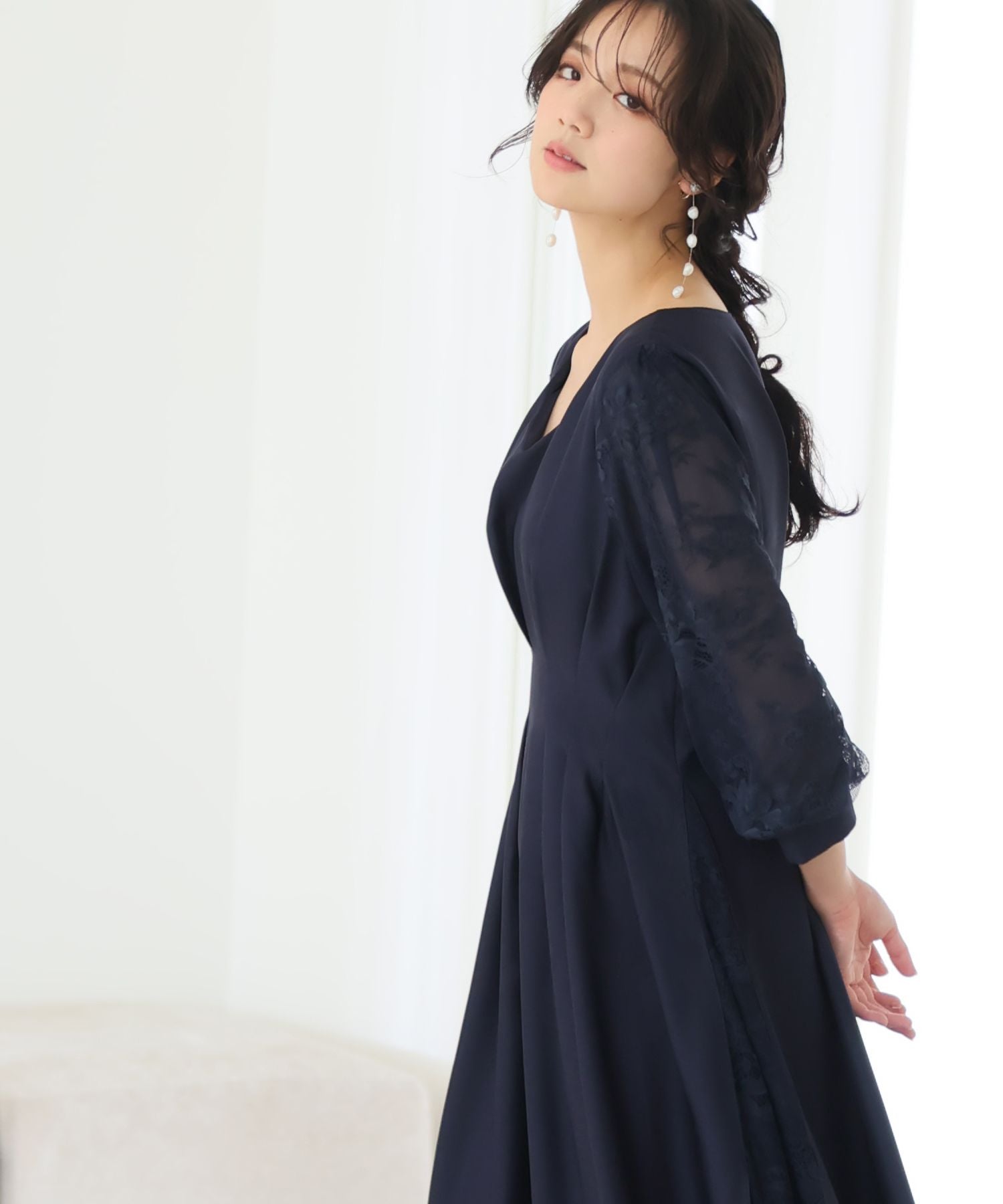 プールヴー PourVous レース切り替えパーティードレス大きいサイズロング&袖あり結婚式フォーマル ワンピース 20代 30代 40代
