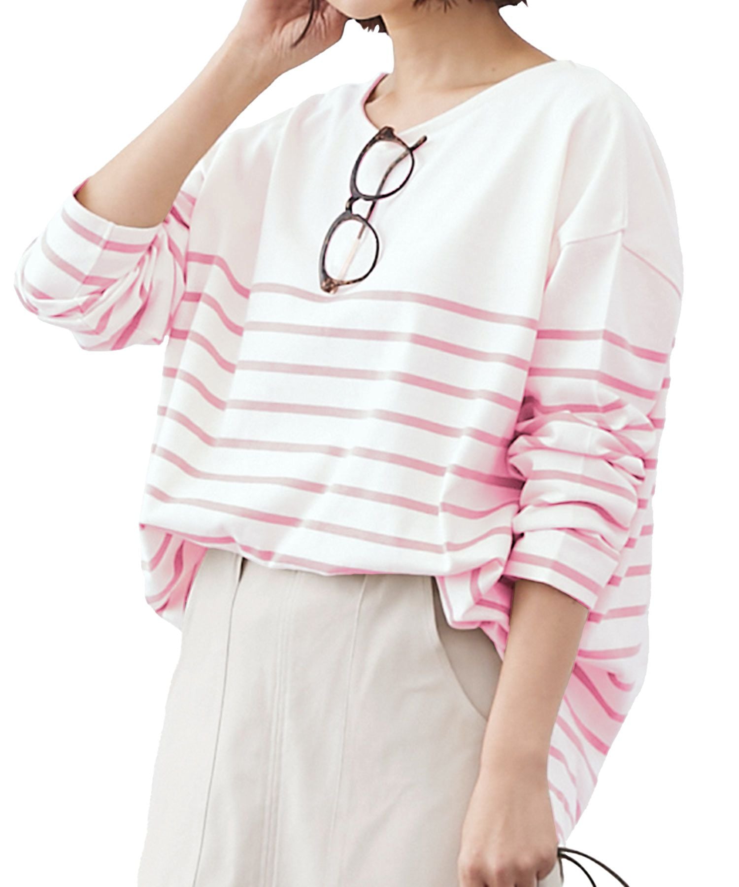 コウベレタス KOBE LETTUCE ゆったり シンプルカットソーチュニック 【パネル】 [C3864]  体型カバー Tシャツ ロングTシャツ チュニック 大きめサイズ,オフ×Lピンク