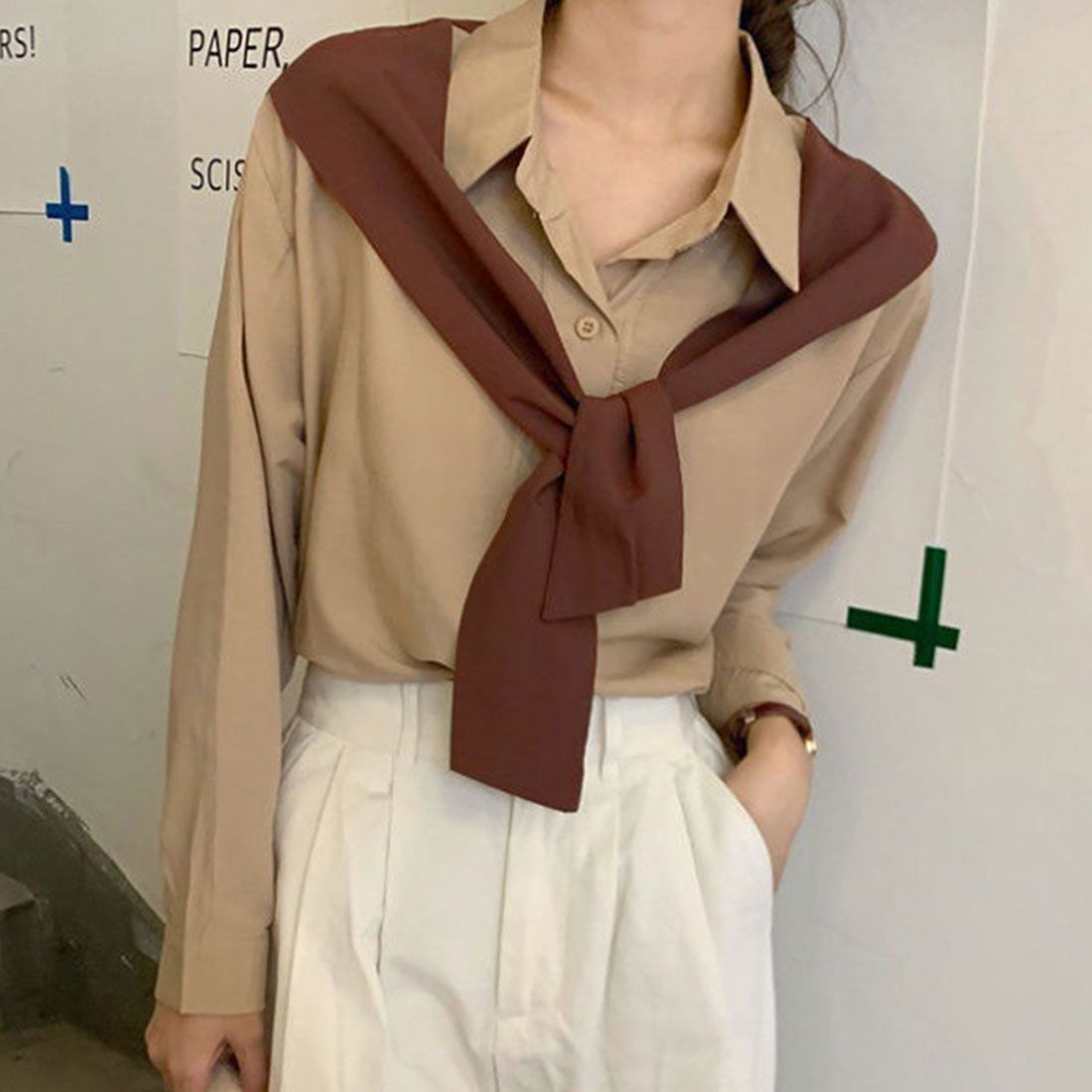 アミュレット Amulet 肩掛け風バイカラーシャツ レディース トップス 長袖 無地 春服 秋 10代 20代 30代 韓国ファッション カジュアル アクセント 差し色 個性的,ベージュ