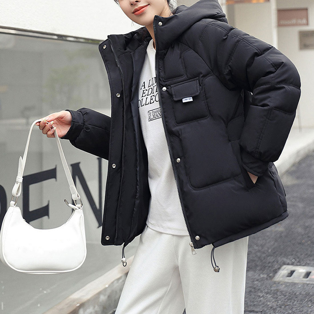 アミュレット Amulet フード付きアウター レディース アウター 長袖 無地 秋服 冬服 10代 20代 30代 韓国 大きいサイズ ストリート アウトドア ポケット （ブラック） ブラック