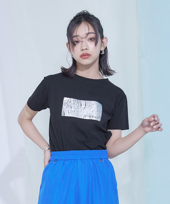 ミエット miette シルバー箔プリントTシャツ,ブラック