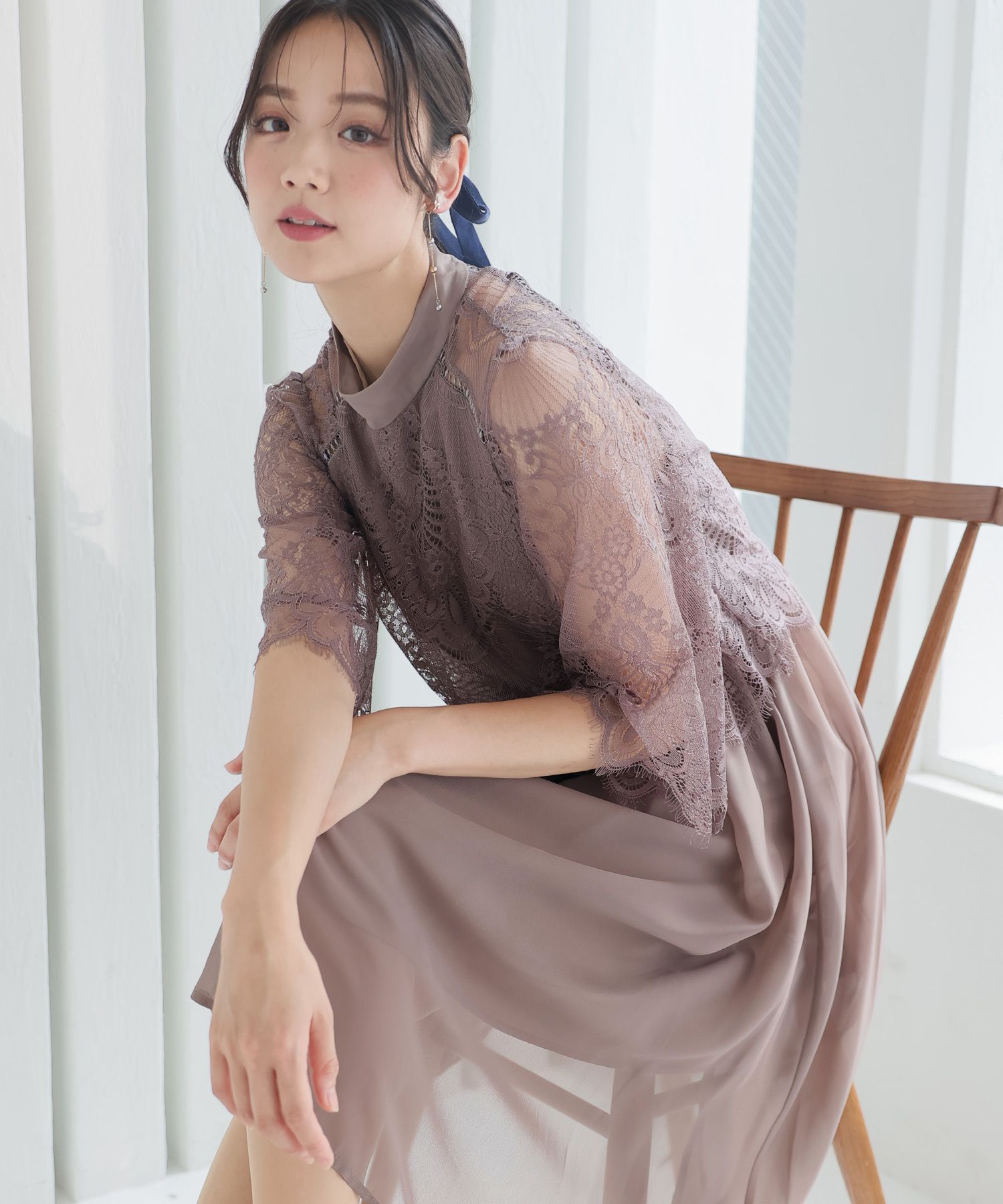 プールヴー PourVous ミニ丈&七分袖フォーマルエアリーシフォン結婚式ワンピースドレス パーティードレス 20代 30代 40代,モカ