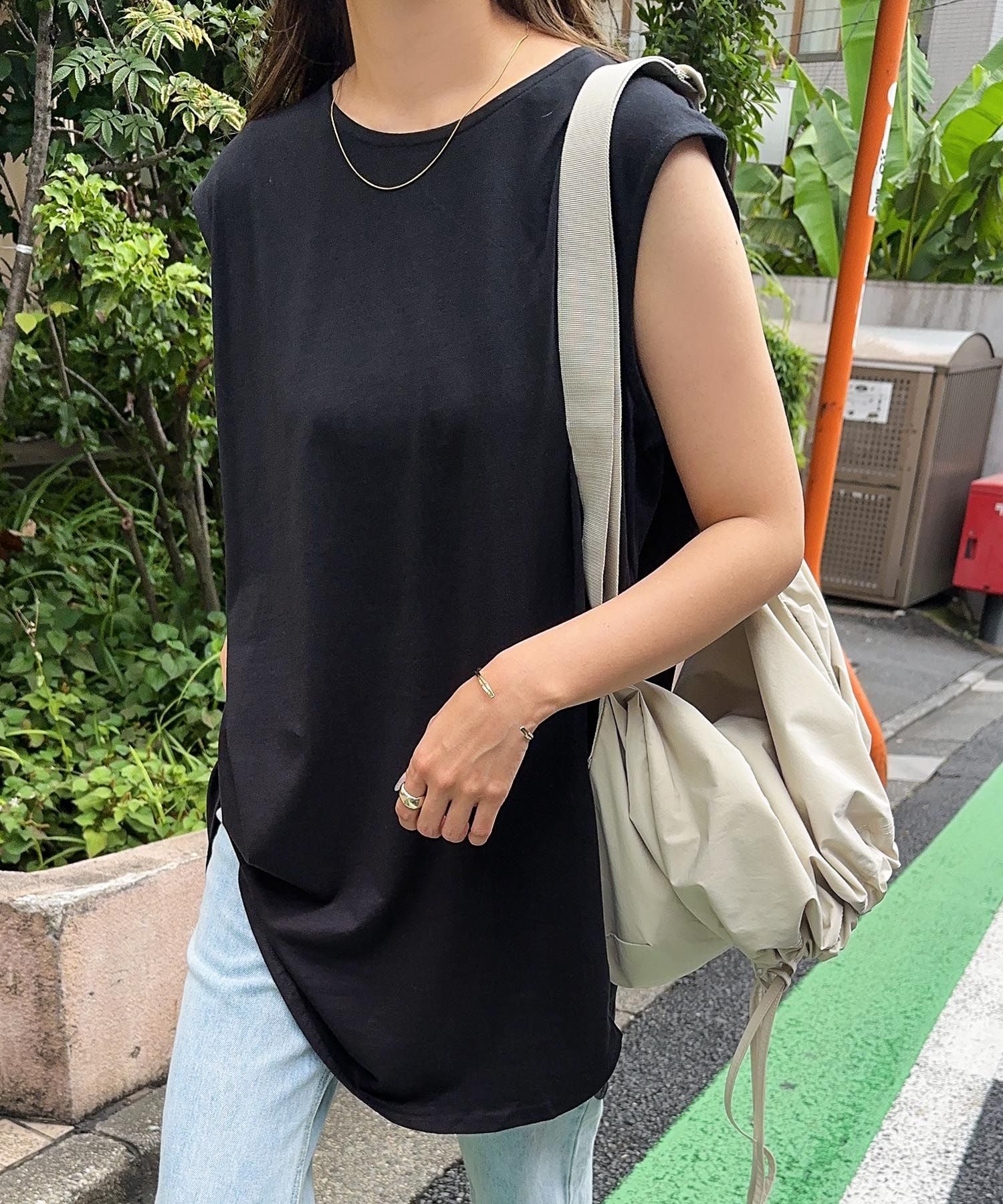 アンドミー andme コットン天竺ノースリーブトップス Tシャツ,ブラック