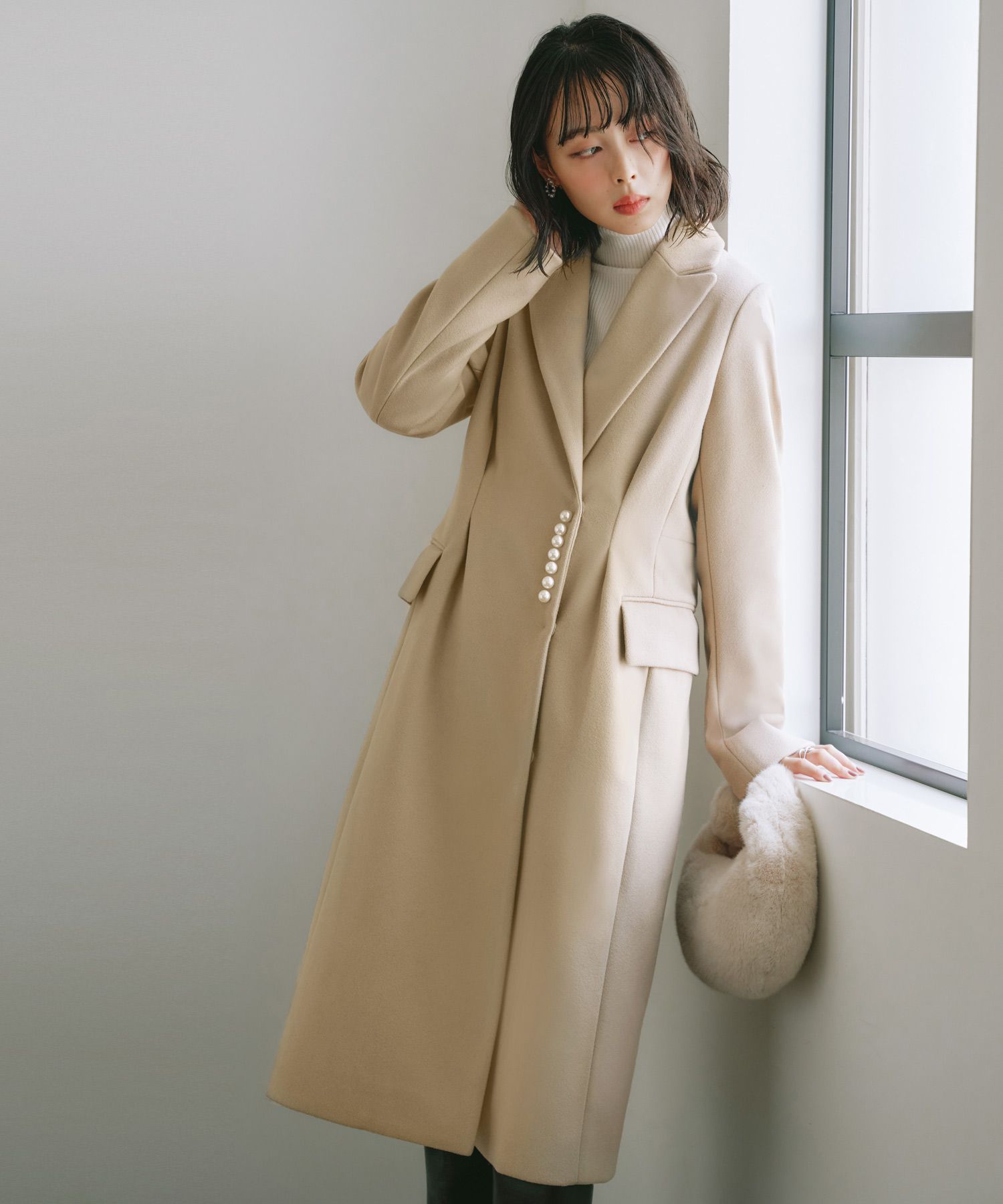 ルイルエブティック RUIRUE BOUTIQUE ニットメルトンパールデザインチェスターコート