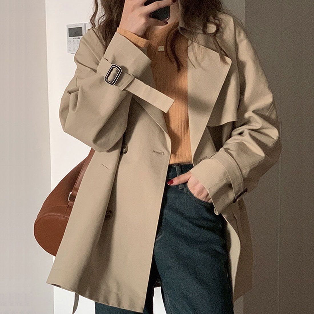アミュレット Amulet ハーフトレンチコート レディース アウター 長袖 秋服 冬服 10代 20代 30代 韓国ファッション 韓国 オフィス 通勤 大人 キレイめ シンプル,ベージュ