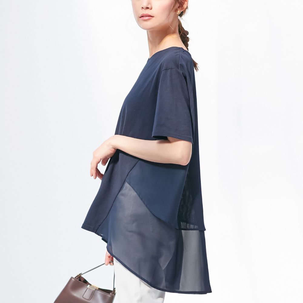 【接触冷感】バックシフォン切替チュニック,ネイビー