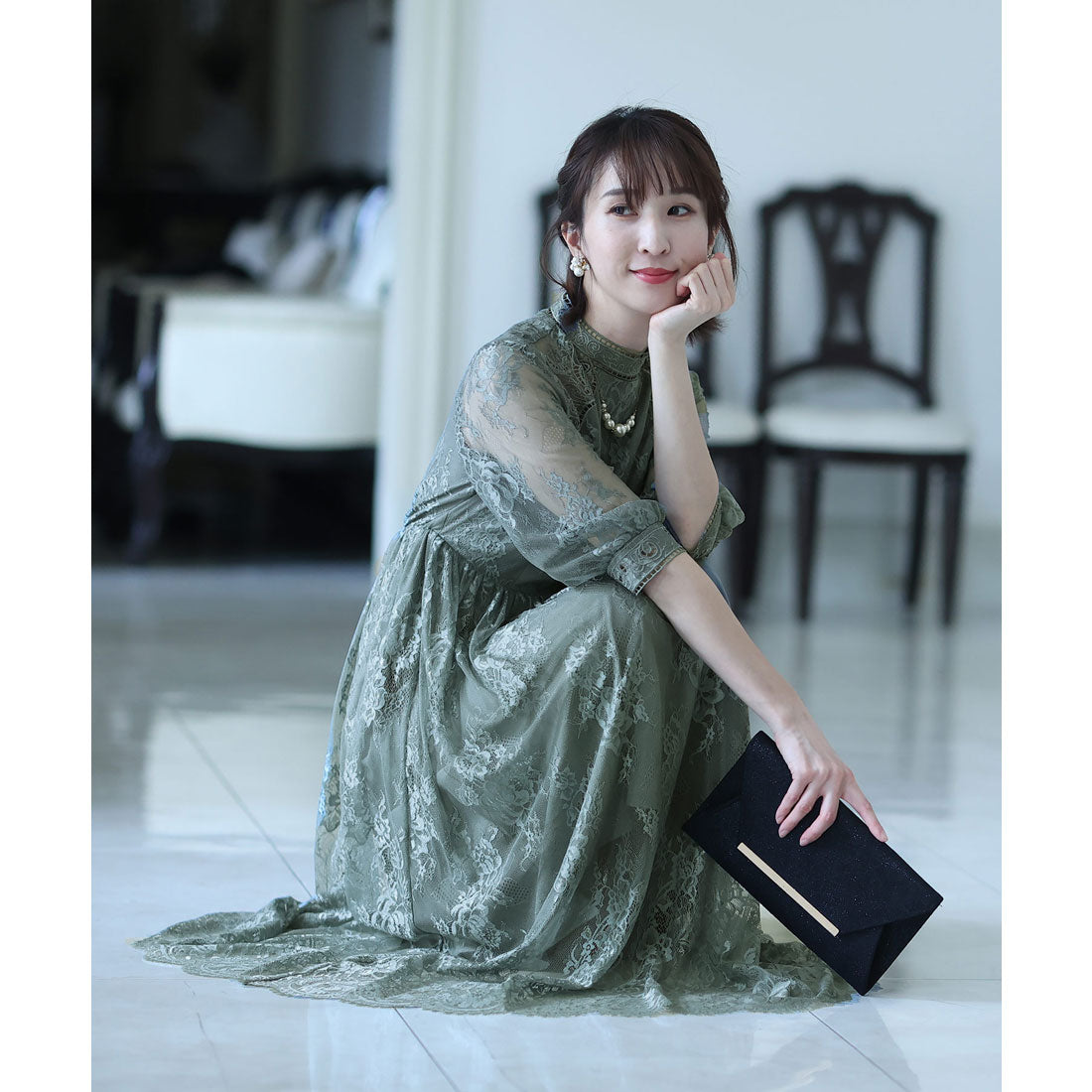 プールヴー PourVous 結婚式パーティードレス七分袖とミモレ丈総レース大きいサイズフォーマル ワンピース 20代 30代 40代 （アンティークグリーン） アンティークグリーン
