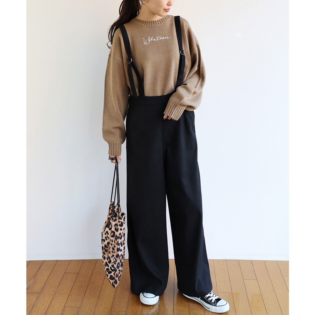 アンドミー andme 起毛ワイドサロペット サスペンダー付きワイドパンツ （ブラック） ブラック