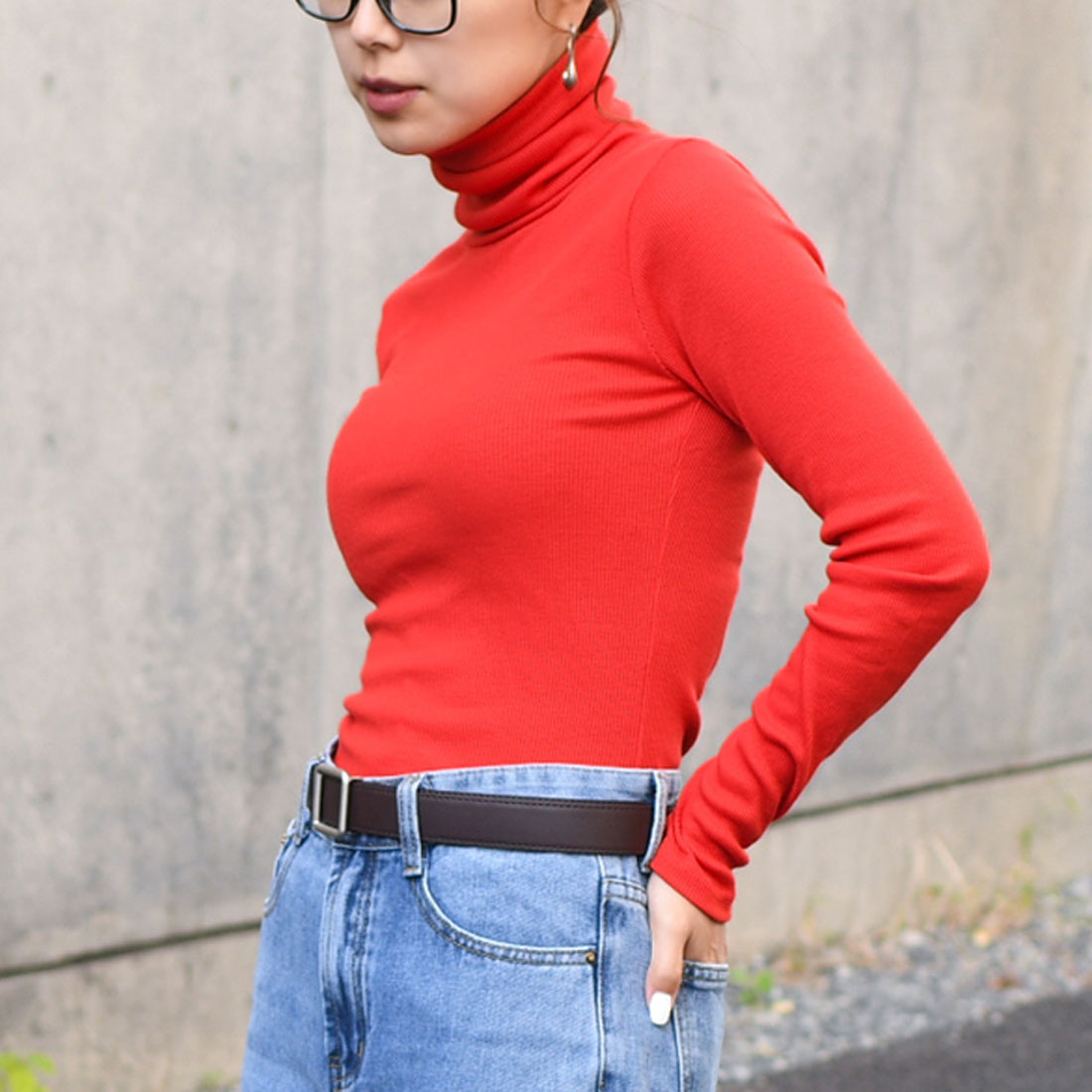リアルスタイル REAL STYLE タートルネック 綿混 カットソー 長袖 ハイネック ニットソー インナー 重ね着 レイヤード  リブ （レッド） レッド