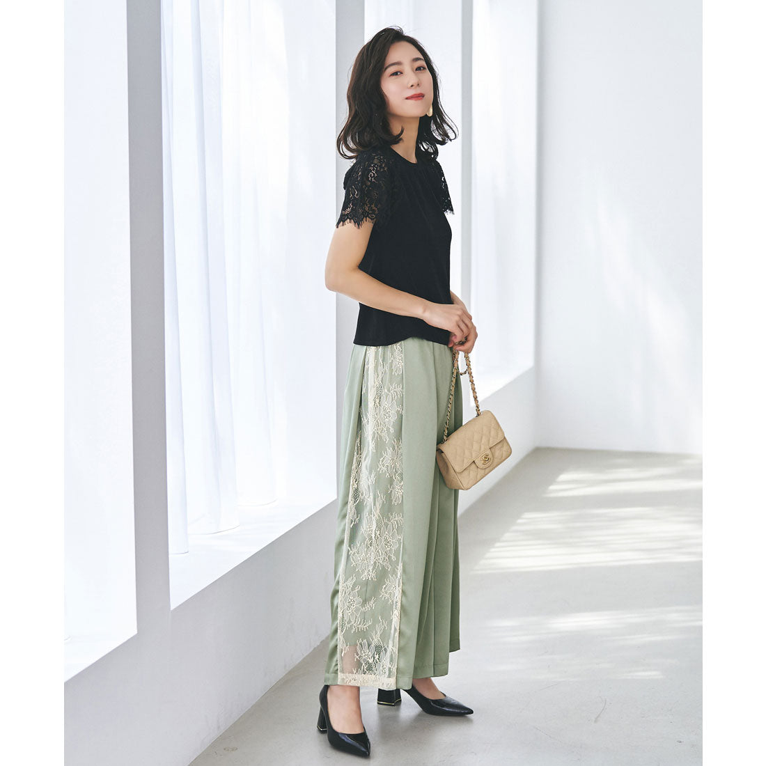 ルイルエブティック RUIRUE BOUTIQUE サイドレースワイドパンツ （グリーン） グリーン