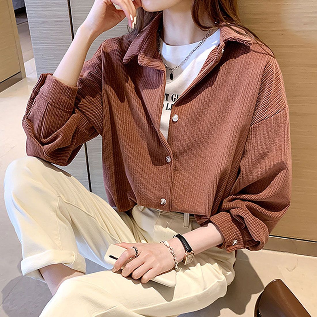 デューリリー Dewlily コーデュロイ風シャツ レディース 10代 20代 30代 韓国ファッション カジュアル 可愛い 大人 オフィス 春 秋 長袖 ブラウス 上品 暖かい,オレンジ