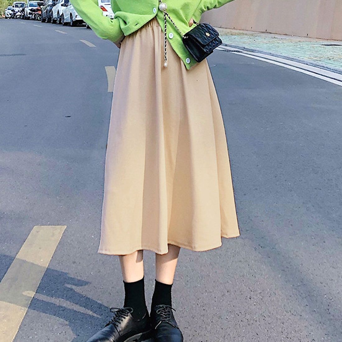 アミュレット Amulet シンプルAラインスカート レディース ボトムス 春 夏服 韓国ファッション 10代 20代 30代 オフィスカジュアル ロングスカート ミモレ丈スカート 大きい,ベージュ