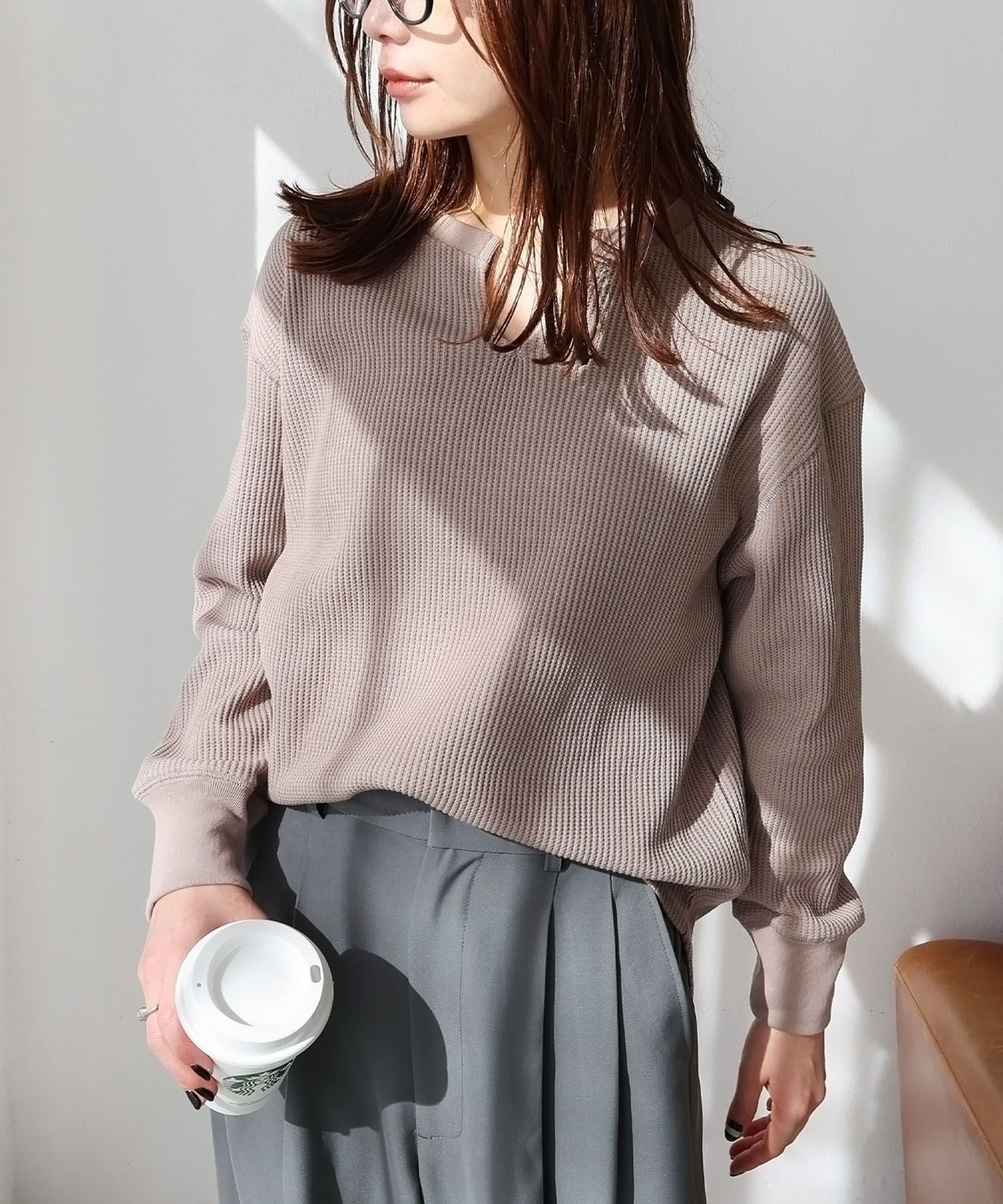 アンドミー andme ワッフルキーネック長袖Tシャツ カットソー,グレージュ