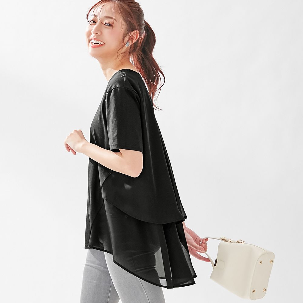 【接触冷感】バックシフォン切替チュニック,ブラック