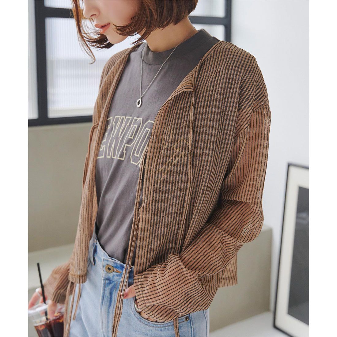 コウベレタス KOBE LETTUCE 前後2wayストライプシアーカットソーリボンカーディガン [C7270] （ブラウン） ブラウン