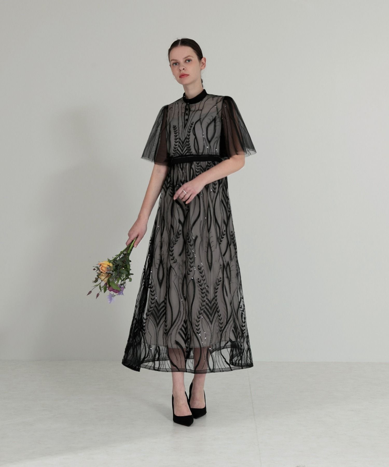 レジャ Leja ボレロ付きレース刺繍プチハイネックウエストマークセットアップワンピースロングドレス美脚効果結婚式 パーティードレス 成人式 20代 30代 40代,BLACK
