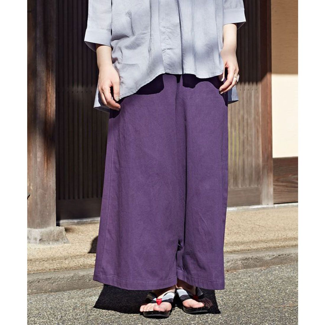 【カヤ】四季巡り幅広もんぺ風パンツ スミクロ,ダークパープル