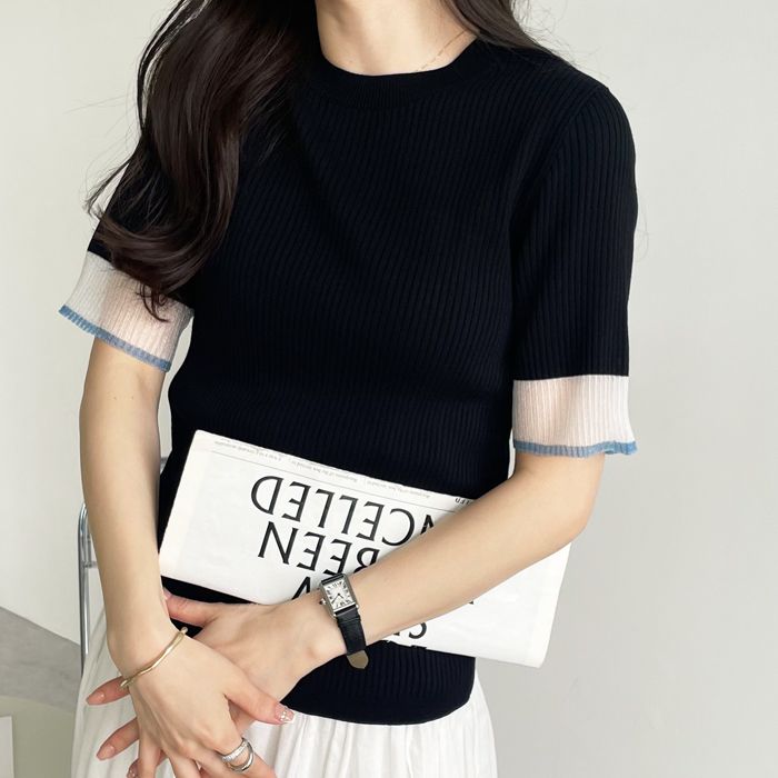 ジーラ GeeRA 袖口シアーリブニット【返品不可商品】,ブラック×ブルー