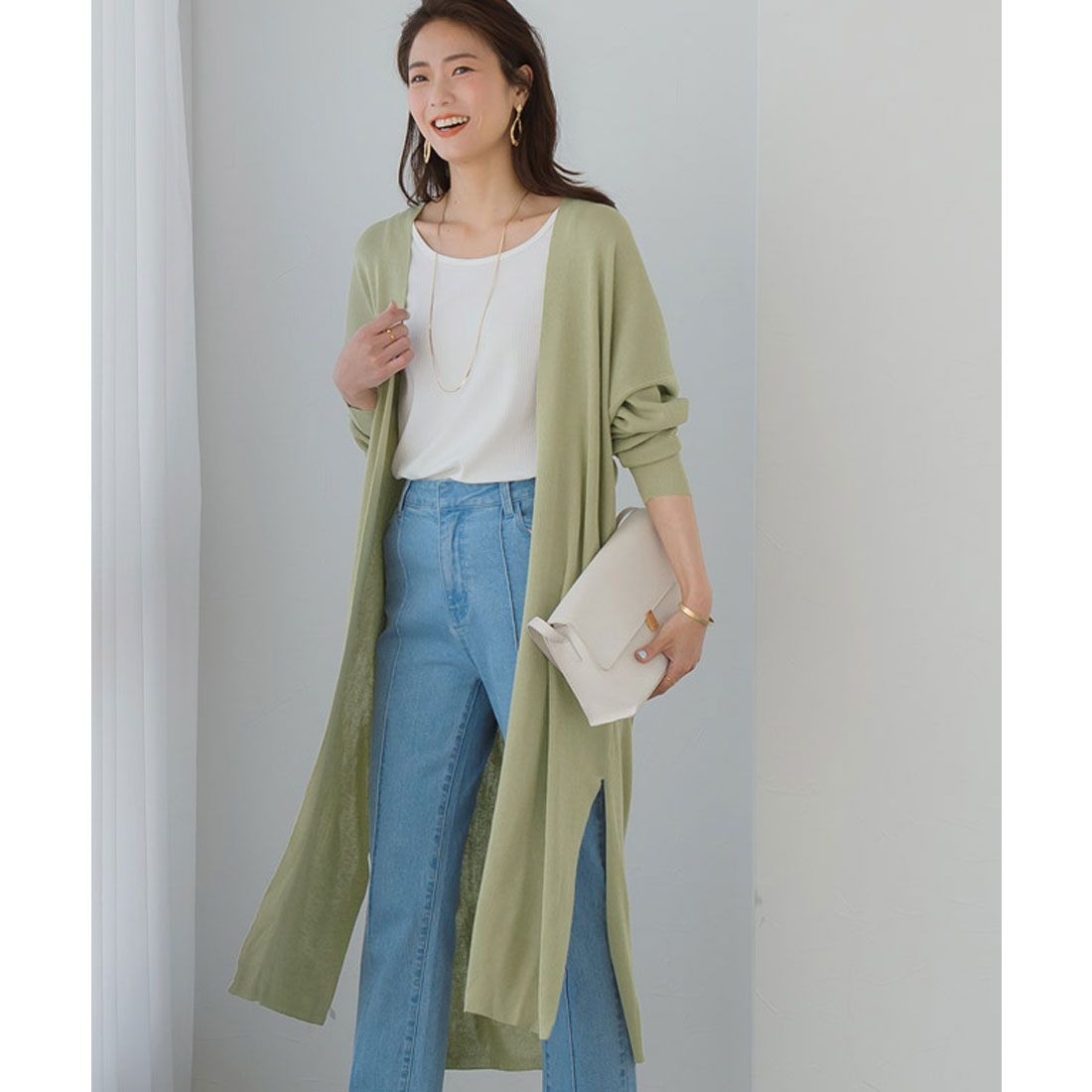 マーベラス バイ ピエロ marvelous by Pierrot 麻混トッパーニットカーディガン,ソフトグリーン