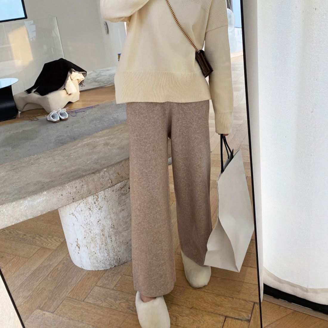 アミュレット Amulet ニットワイドパンツ レディース 10代 20代 30代 韓国ファッション カジュアル ウエストゴム らくちん 大人 シンプル 可愛い 春 秋 冬,ベージュ