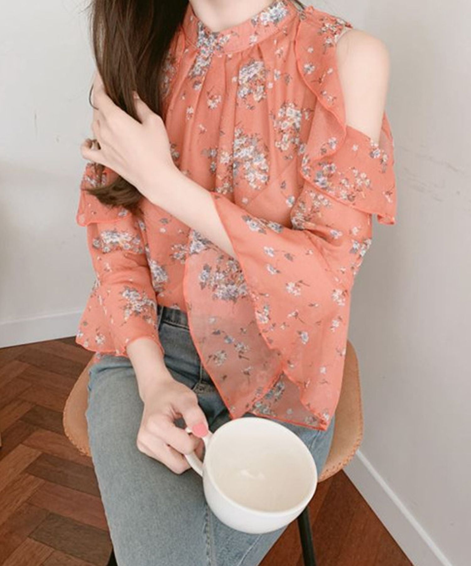 グランディール Grandeir オープンショルダー小花柄シフォンブラウス