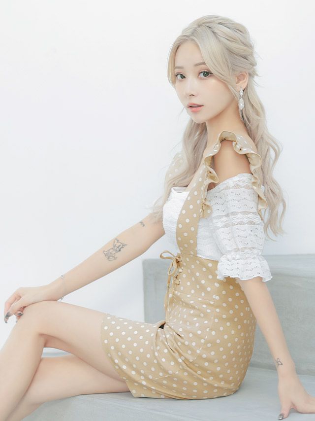 Tika Off-the-shoulder Polka Dot Overall-like Waist Lace-up Girly Style Tight Mini Dress Korean Dress