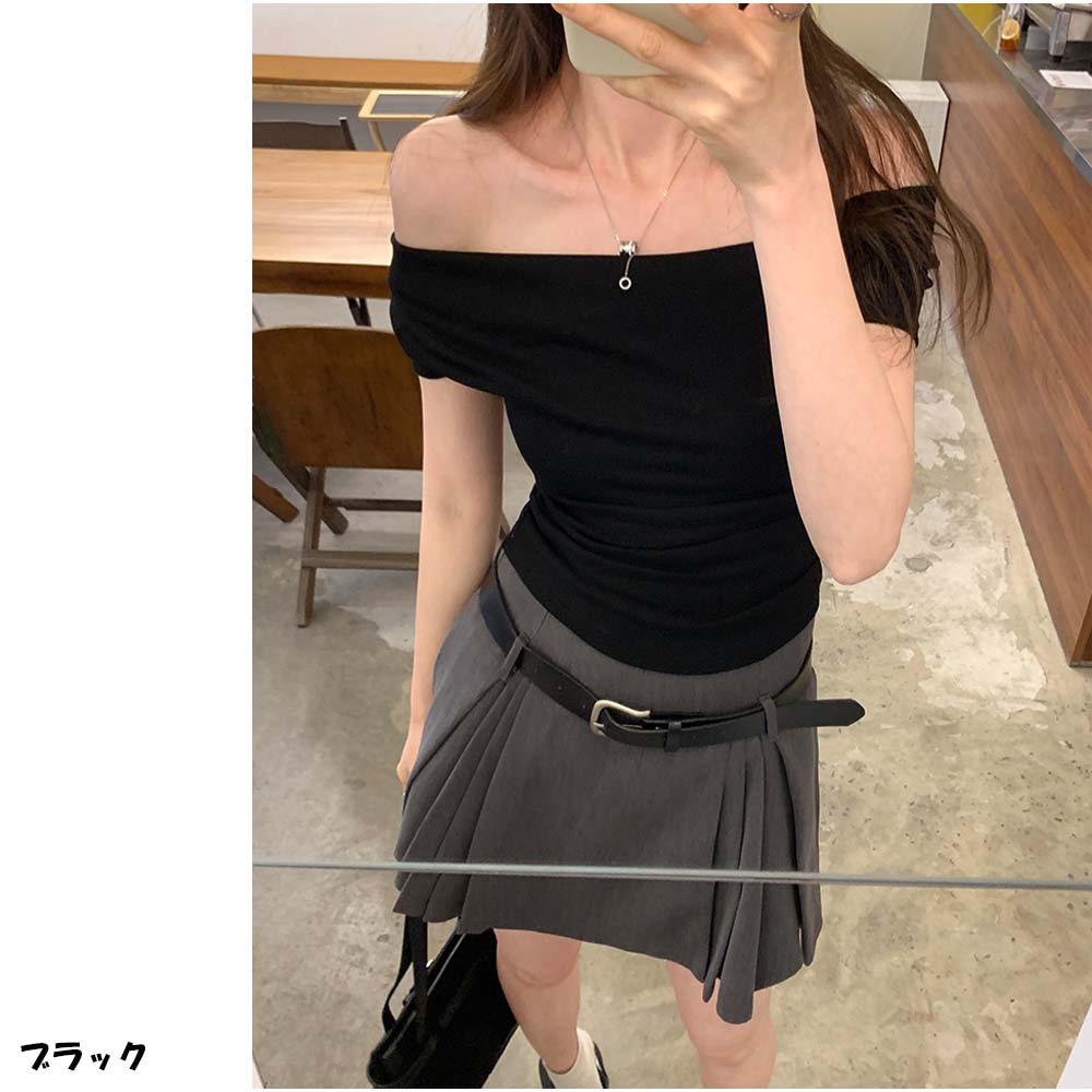 アンドカワイイ And Kawaii Tシャツ 半袖 オフショルダー2way ショート丈Tシャツ 肩だし 韓国ファッション （ブラック） ブラック