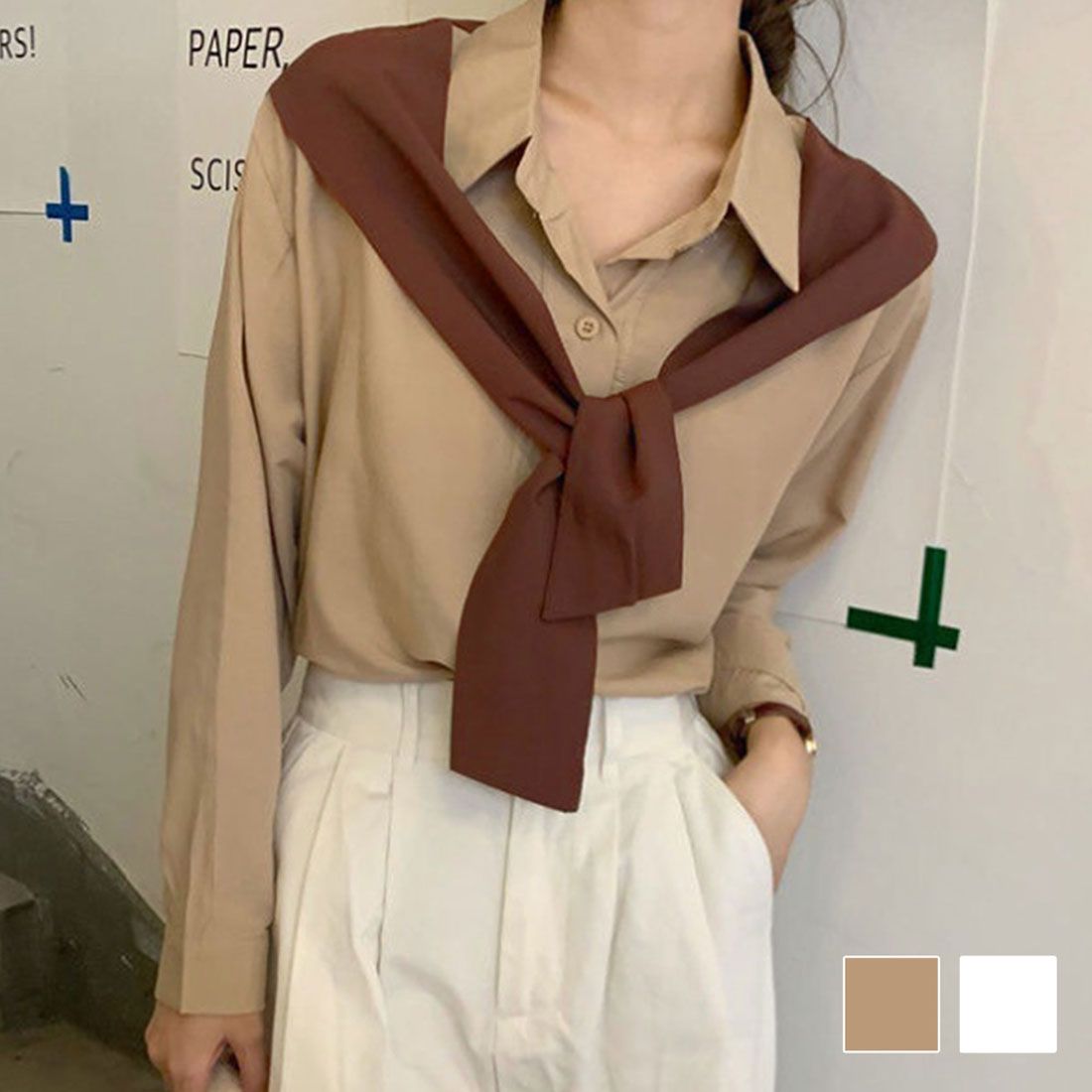アミュレット Amulet 肩掛け風バイカラーシャツ レディース トップス 長袖 無地 春服 秋 10代 20代 30代 韓国ファッション カジュアル アクセント 差し色 個性的