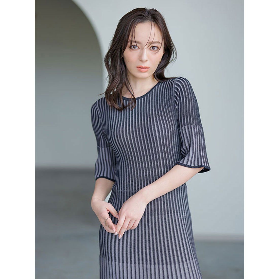 Anuans Bicolor Rib Knit Flare Dress