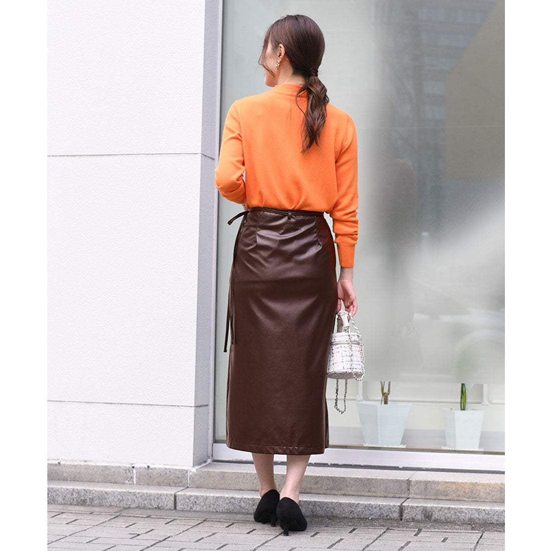 リアルスタイル REAL STYLE ラップスカート レディース ロング 40代 50代 タイト オフィス OL  上品 フェイクレザー 無地 美脚 秋冬 （ブラウン） ブラウン