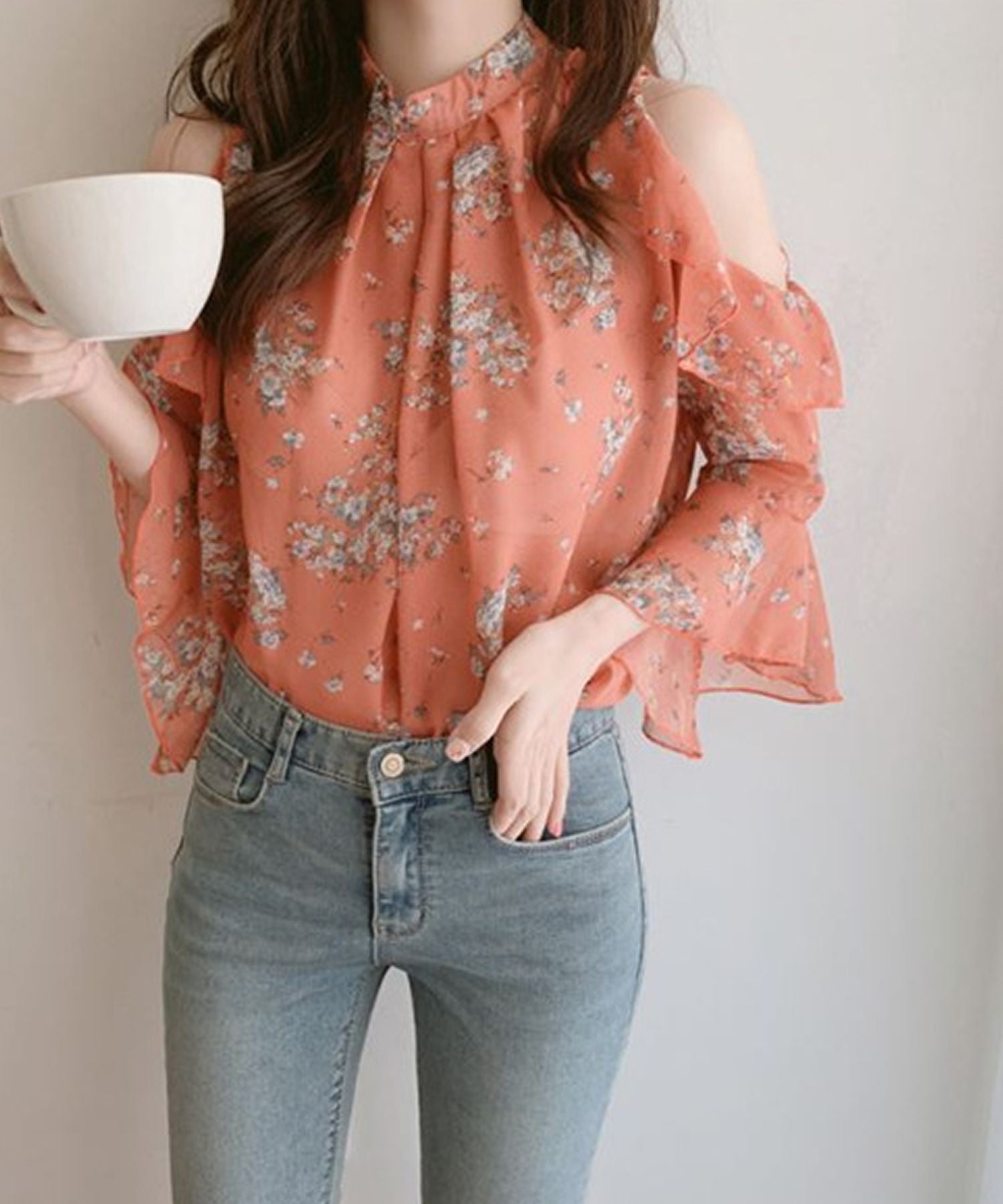 グランディール Grandeir オープンショルダー小花柄シフォンブラウス