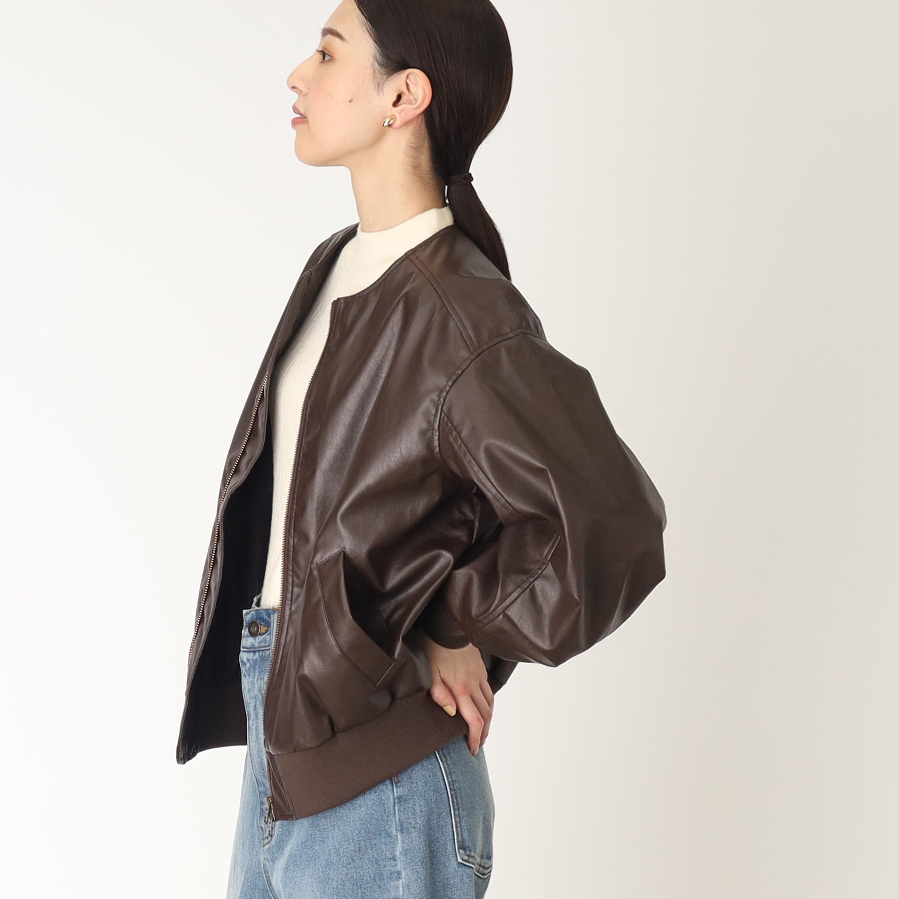 ザ ショップ ティーケー (ウィメン) THE SHOP TK(Women) 袖タックノーカラーフェイクレザーブルゾン （ブラック(019)） ブラック(019)