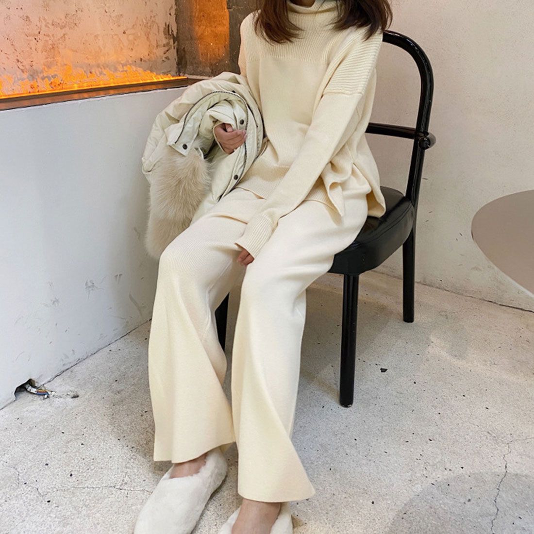 アミュレット Amulet ニットワイドパンツ レディース 10代 20代 30代 韓国ファッション カジュアル ウエストゴム らくちん 大人 シンプル 可愛い 春 秋 冬