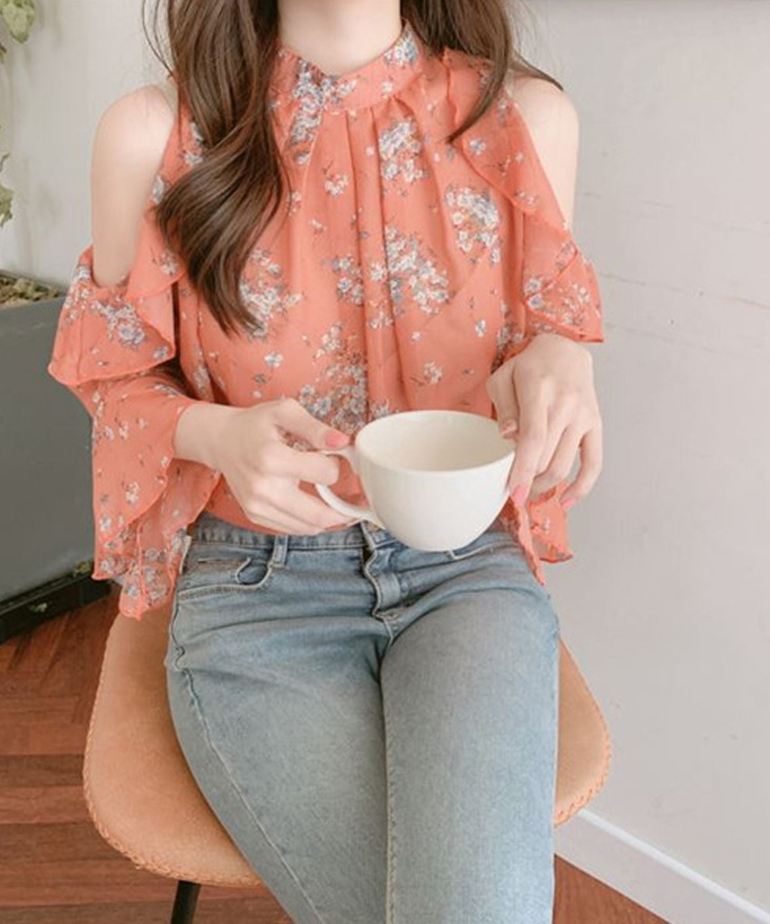 グランディール Grandeir オープンショルダー小花柄シフォンブラウス