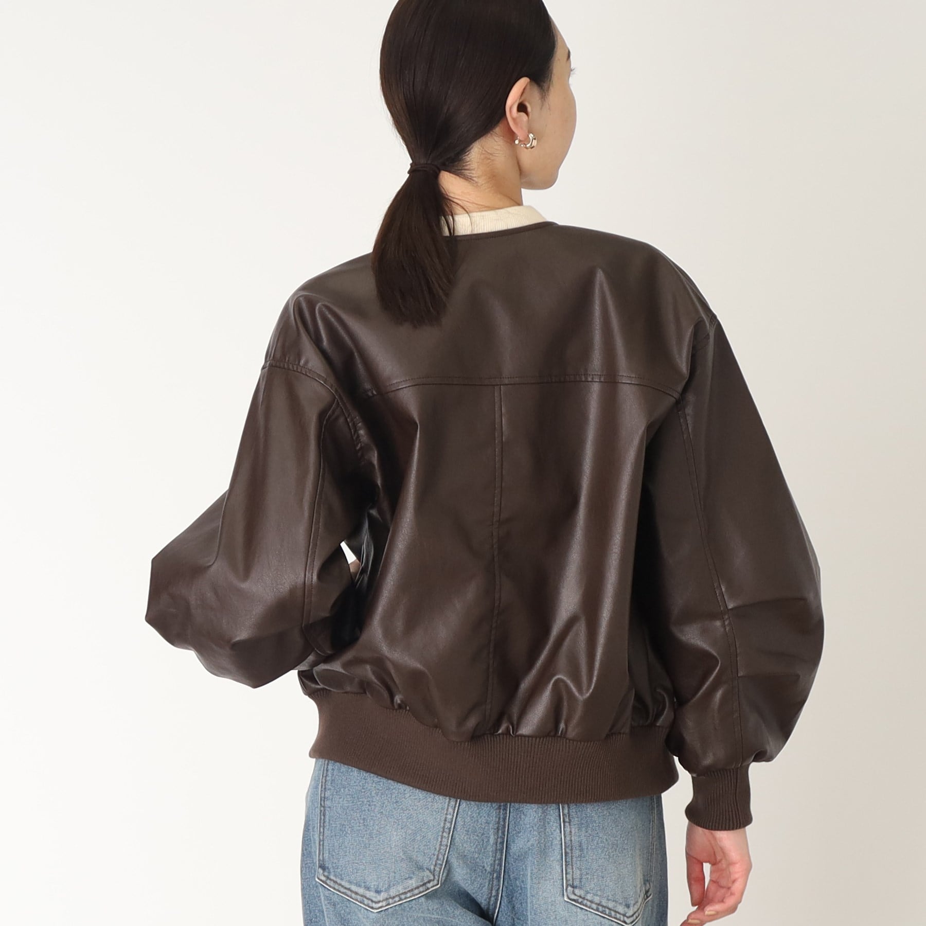 ザ ショップ ティーケー (ウィメン) THE SHOP TK(Women) 袖タックノーカラーフェイクレザーブルゾン （ブラック(019)） ブラック(019)