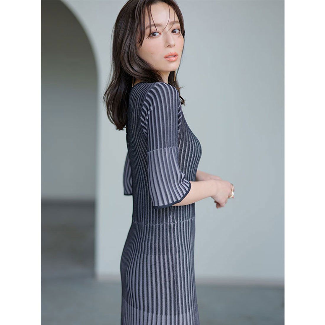 Anuans Bicolor Rib Knit Flare Dress