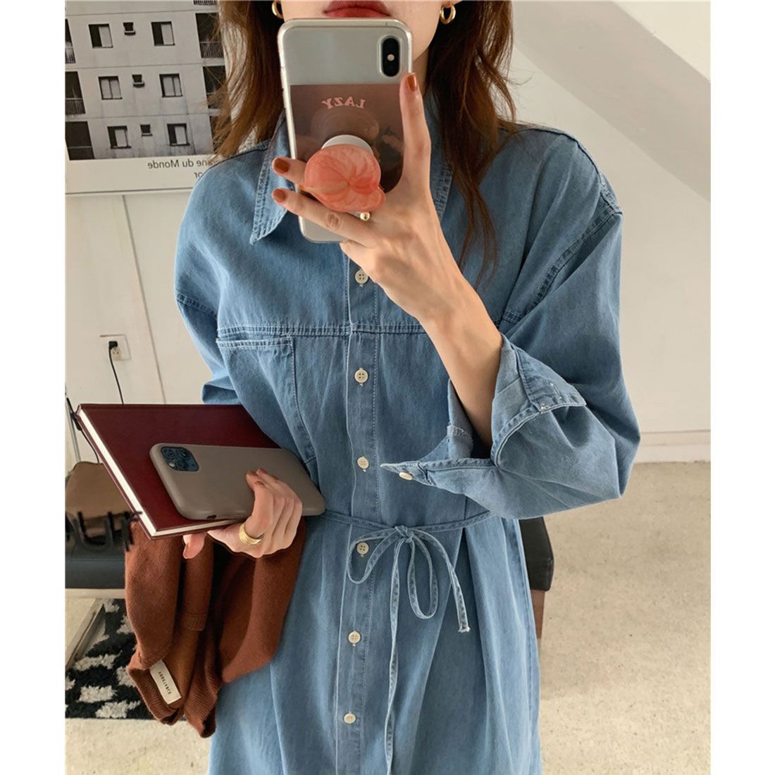 Jewelobe Chest Pocket Denim Shirt Dress