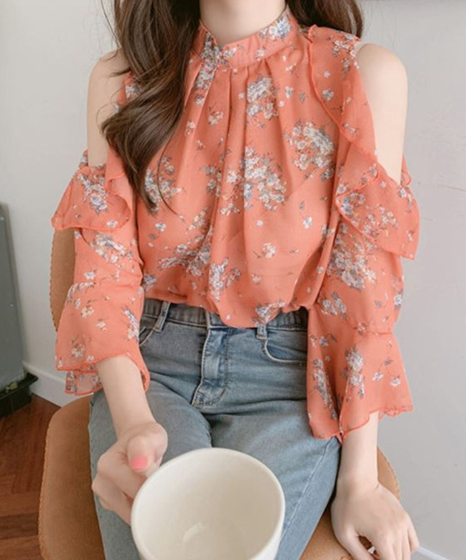 グランディール Grandeir オープンショルダー小花柄シフォンブラウス