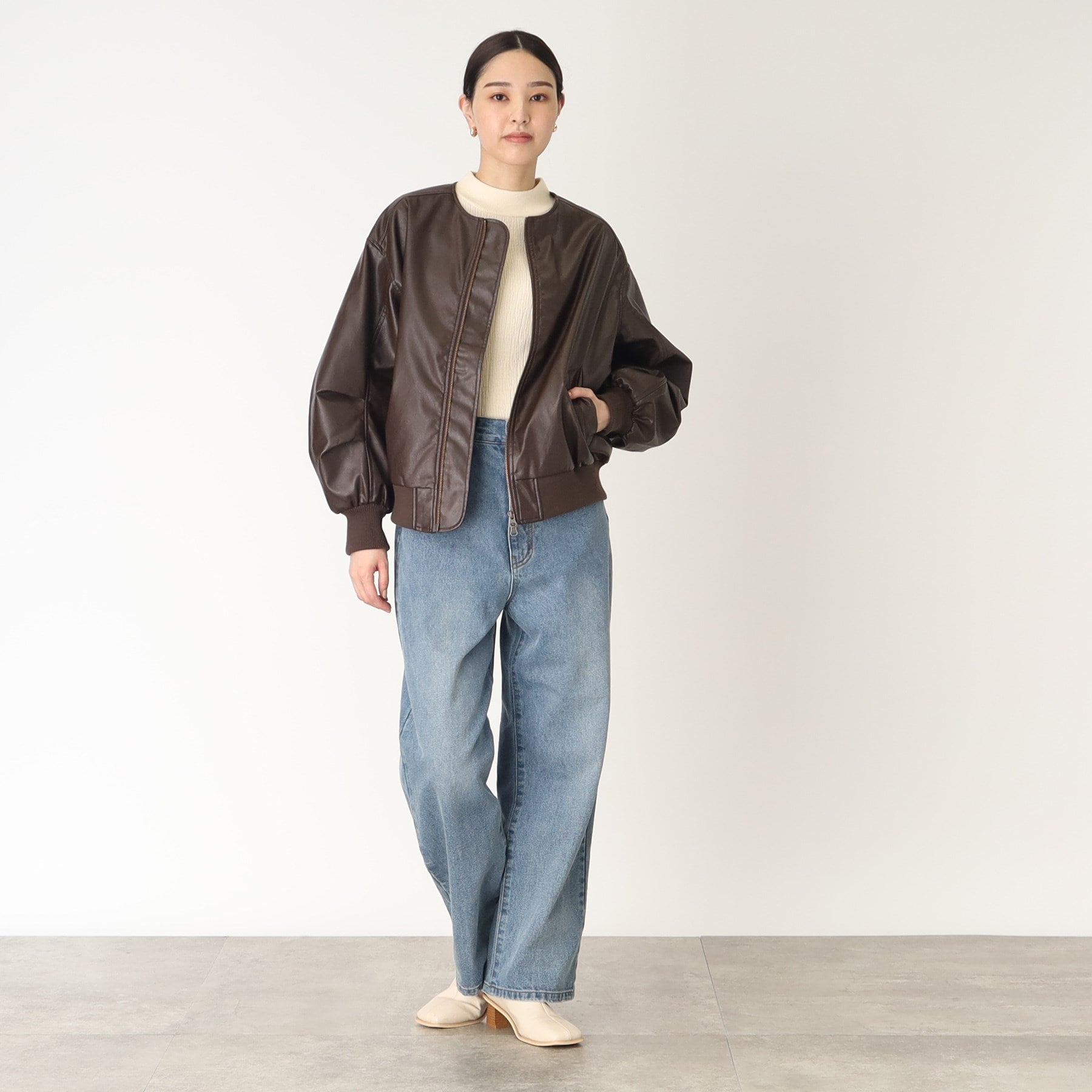 ザ ショップ ティーケー (ウィメン) THE SHOP TK(Women) 袖タックノーカラーフェイクレザーブルゾン （ブラック(019)） ブラック(019)