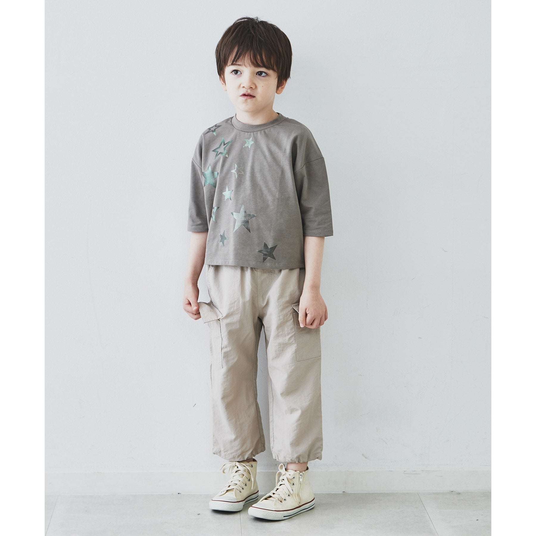 ザ ショップ ティーケー (キッズ) THE SHOP TK(Kids) 【110-150】オーガニックコットン天竺箔プリント七分袖 （オリーブグリーン(026)） オリーブグリーン(026)