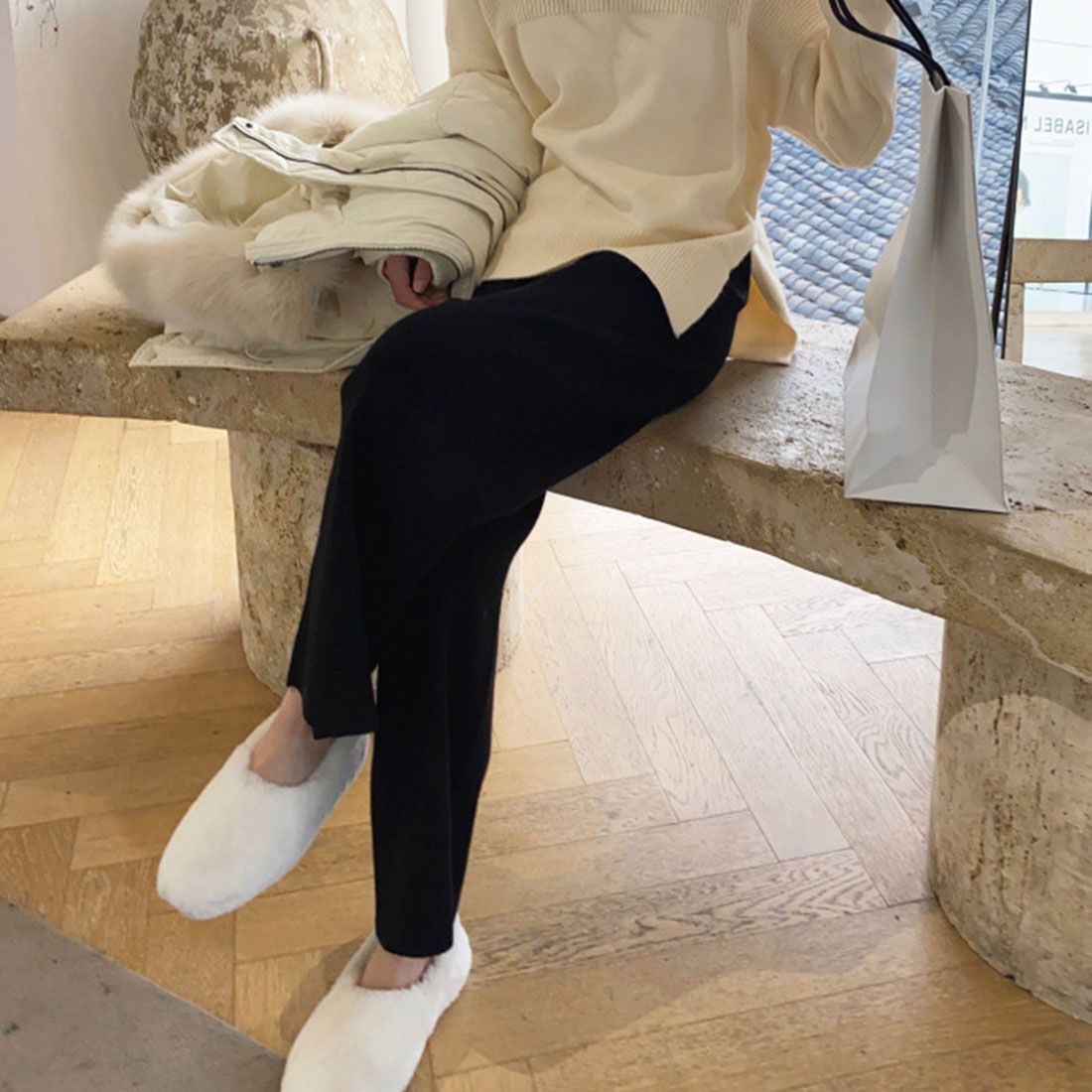 アミュレット Amulet ニットワイドパンツ レディース 10代 20代 30代 韓国ファッション カジュアル ウエストゴム らくちん 大人 シンプル 可愛い 春 秋 冬