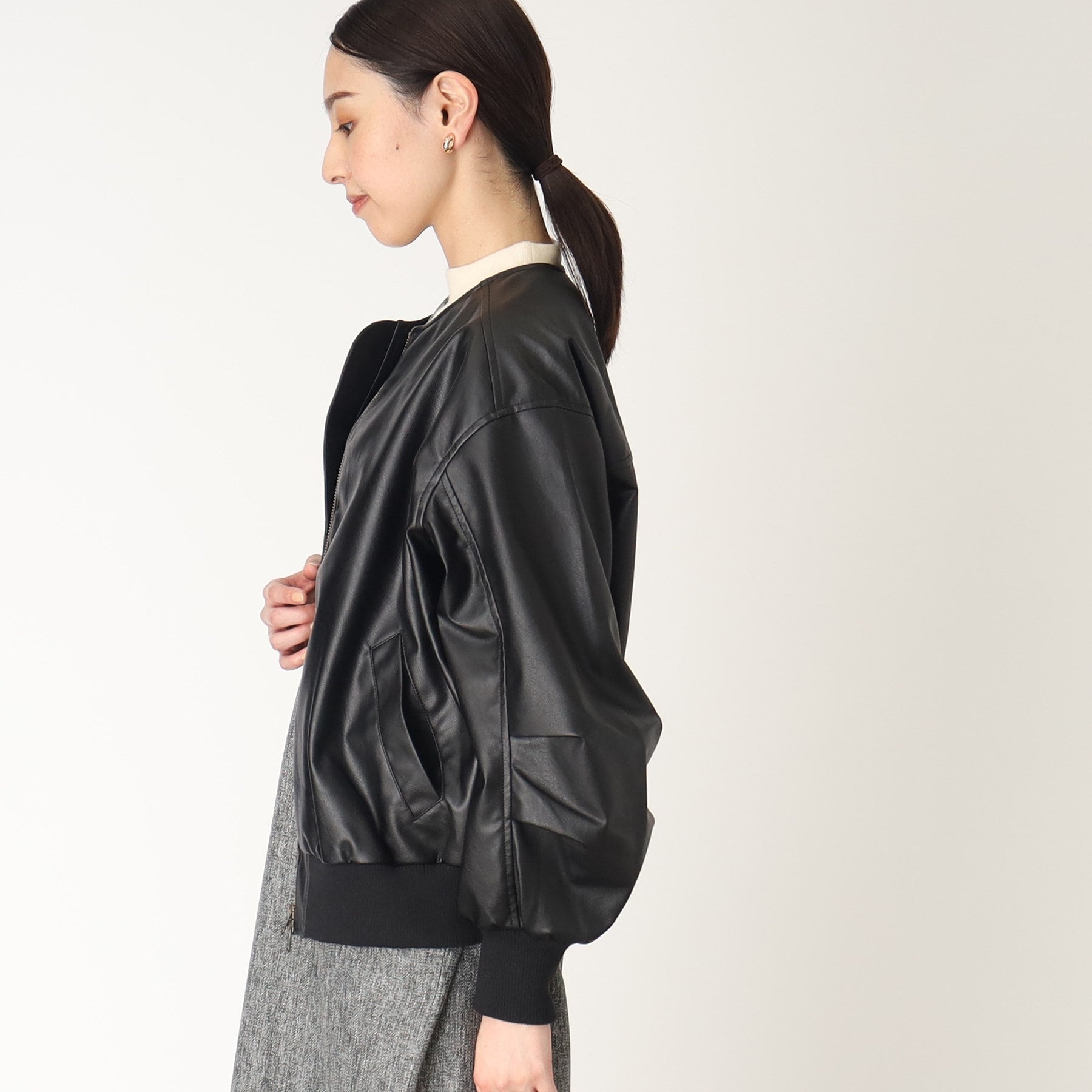 ザ ショップ ティーケー (ウィメン) THE SHOP TK(Women) 袖タックノーカラーフェイクレザーブルゾン （ブラック(019)） ブラック(019)