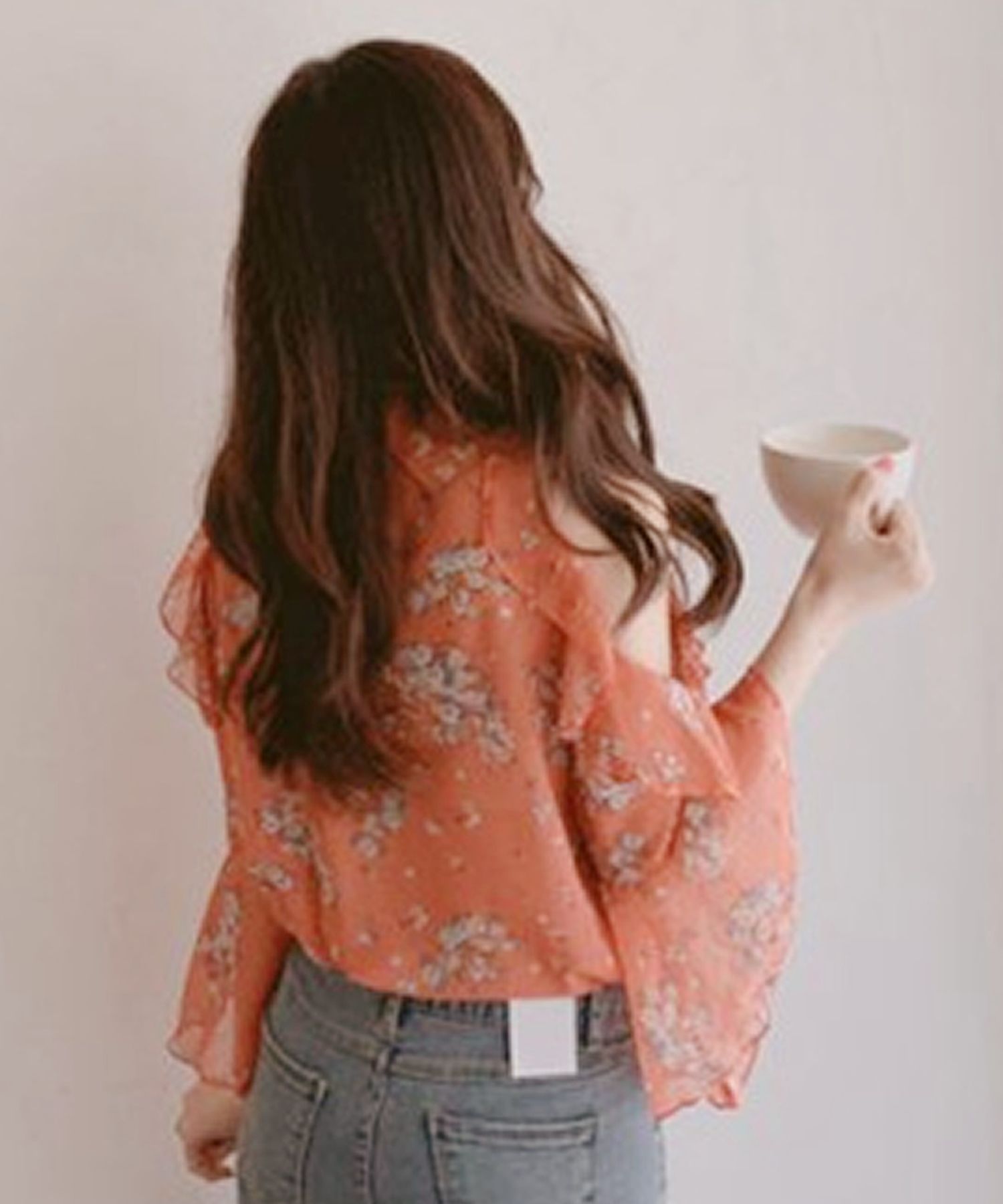 グランディール Grandeir オープンショルダー小花柄シフォンブラウス