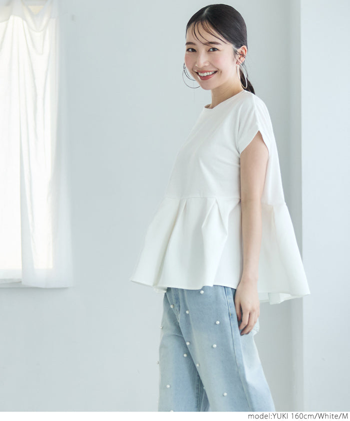 コカ coca 異素材切り替えフレンチスリーブフレアトップス （White） White