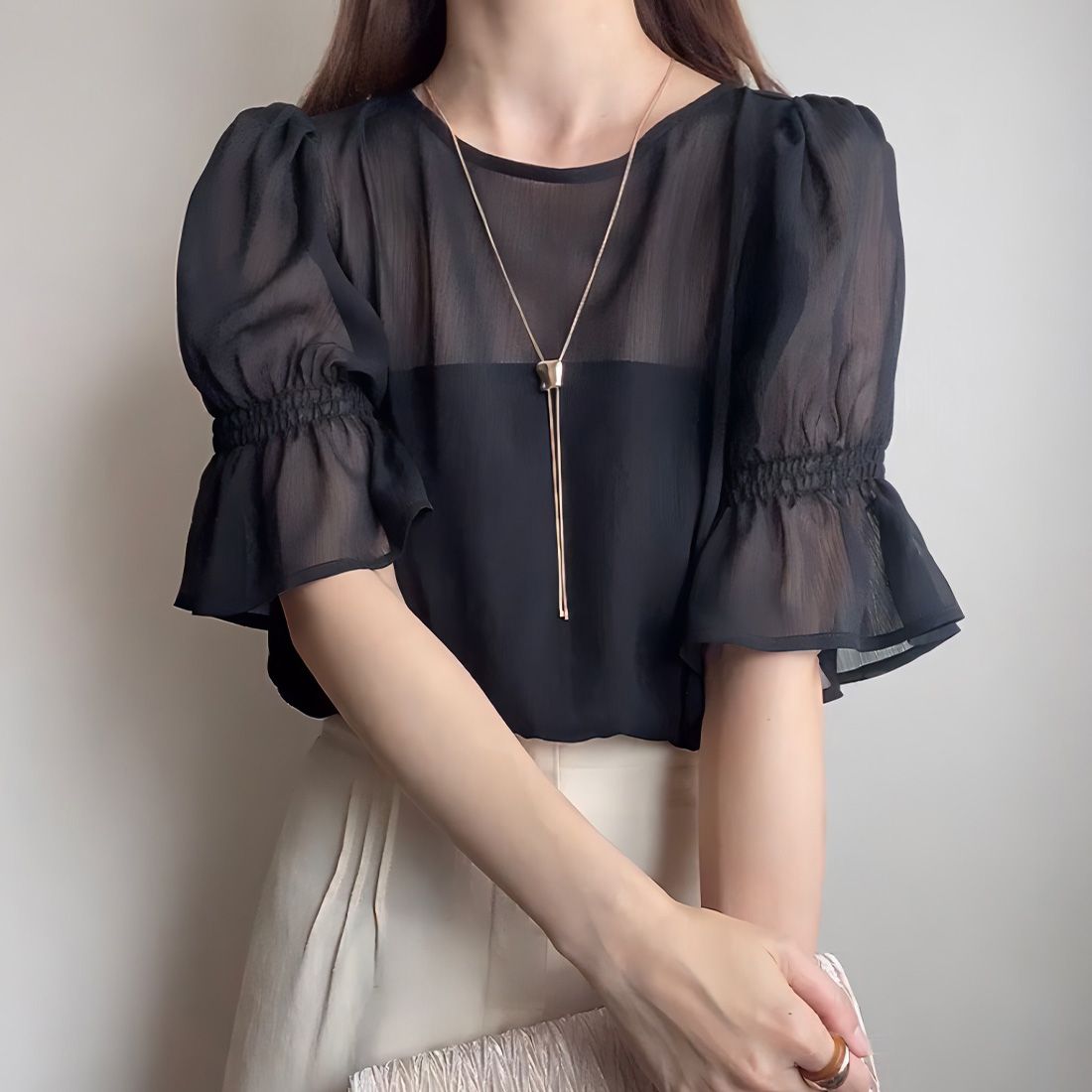 フィルー FILLOU FILLOU シアーフレアスリーブブラウス