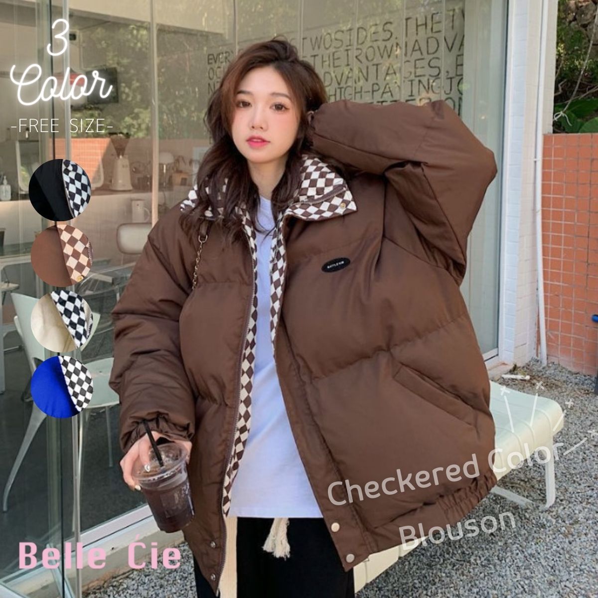 ベルシー Belle Cie ジャケット アウター ブルゾン 中綿ジャケット コート レディース カジュアル チェック チェッカー 柄 配色 あったかい 防寒 防風 シンプル