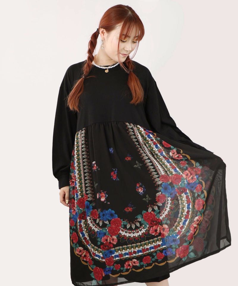 スカラー ScoLar 花蝶柄シフォン重ねワンピース