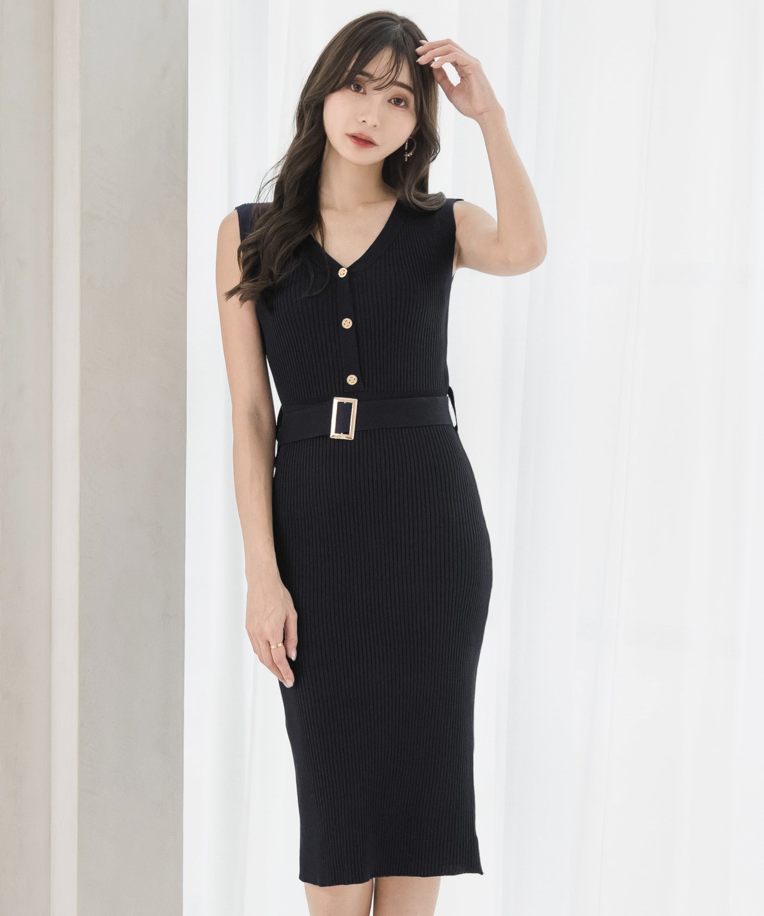 ジュリアブティック JULIA BOUTIQUE ゴールドバックルベルト付きノースリーブニットワンピース/23059 （Black） ブラック